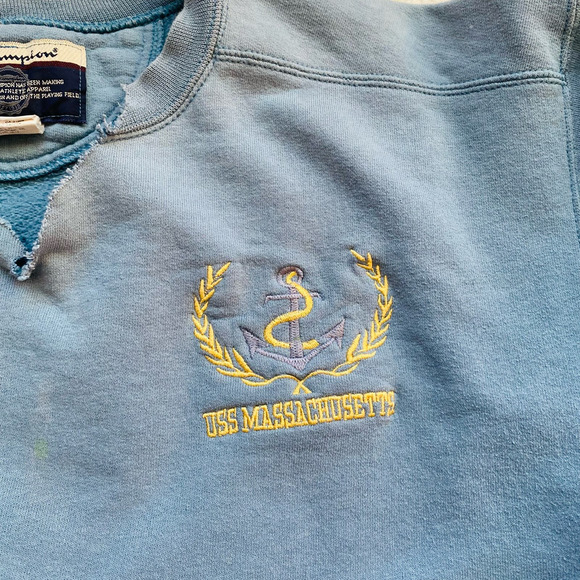 Champion USS Massachusetts Navy Battleship Blue Cutoff Cotton Crew Sweatshirt - Picture 2 of 9